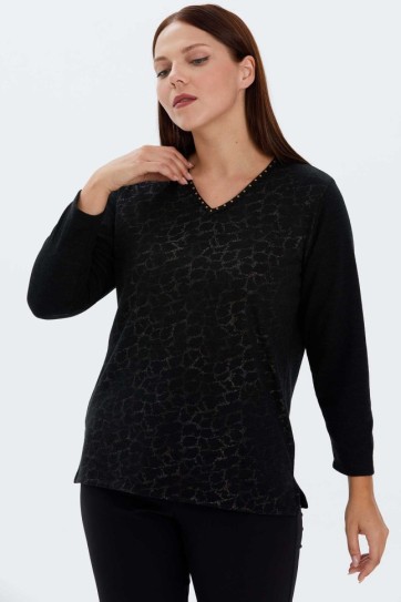Büyük Beden Önü Baskılı V Yaka Triko Bluz