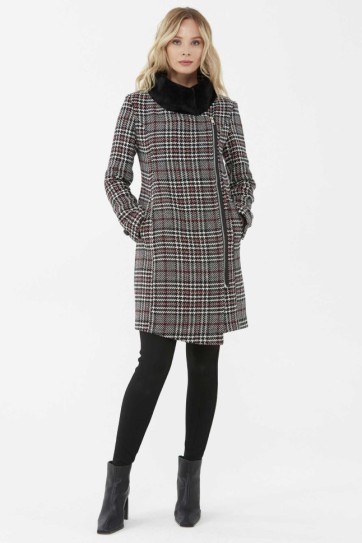 Kruvaze Yandan Fermuarlı Kürklü Ekose Kaban