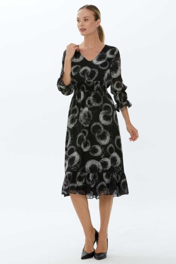 Beli ve Kolu Lastikli Daire Desenli Elbise