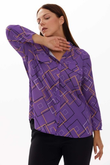 Büyük Beden Hakim Yaka Geometrik Desen Bluz